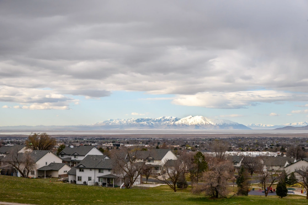 Hill Air Force Base housing and surrounding Utah mountain views in March 2020