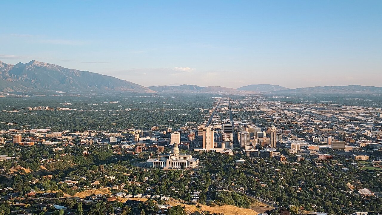Salt Lake Valley neighborhoods beneath the Wasatch Mountains, seen from Ensign Peak in 2020