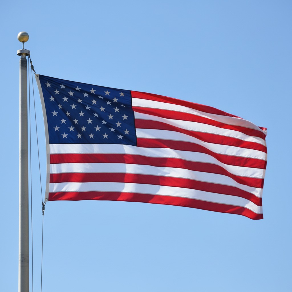 An American flag flutters in the breeze against a clear blue sky.