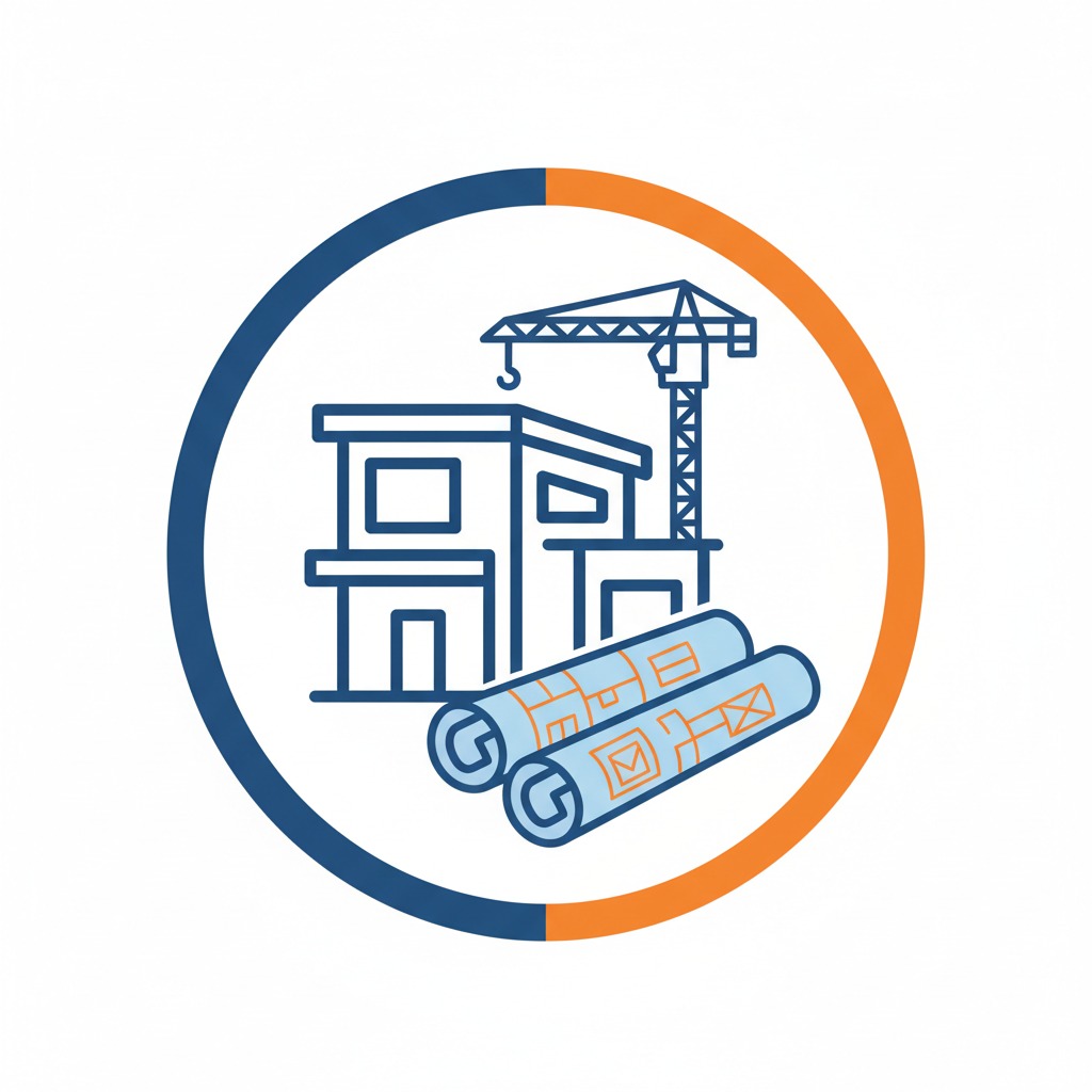 An outline icon of a building under construction, a crane, and rolled-up blueprints inside a blue and orange circle.