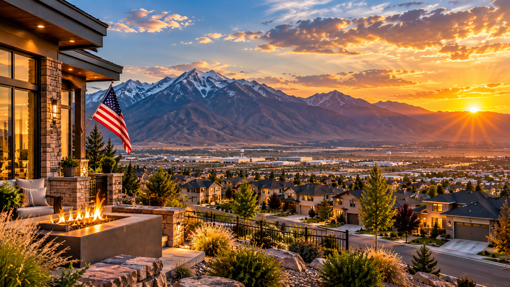 Tooele Valley, Utah home at sunset with an American flag and mountain views